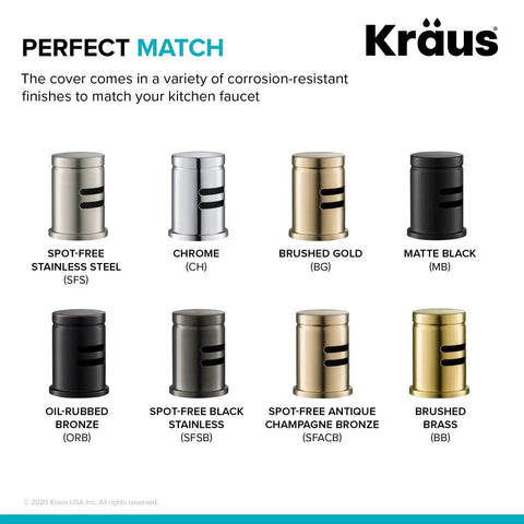 Kraus dishwasher air gap kits in various finishes, including spot-free stainless steel, chrome, and brushed gold.