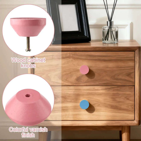 Colorful Wood Cabinet Knobs Set Of 12 1.5 Inch Diameter Cone Shape Drawer Pulls for cabinets and dresser, pink and blue knobs on wood drawer