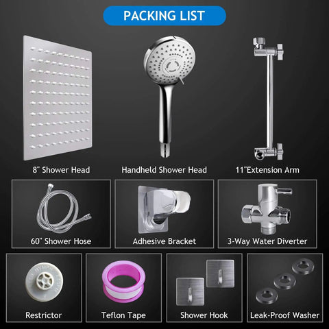 Packing list for 8 Inch Rain Shower Head Set With 11 Inch Adjustable Extension Arm And 5 Function Handheld Shower Head