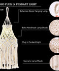 Boho Plug In Pendant Light With Macrame Shade and Hemp Rope Cord, close-up of macrame design and bohemian lamp details