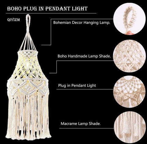 Boho Plug In Pendant Light With Macrame Shade and Hemp Rope Cord, close-up of macrame design and bohemian lamp details