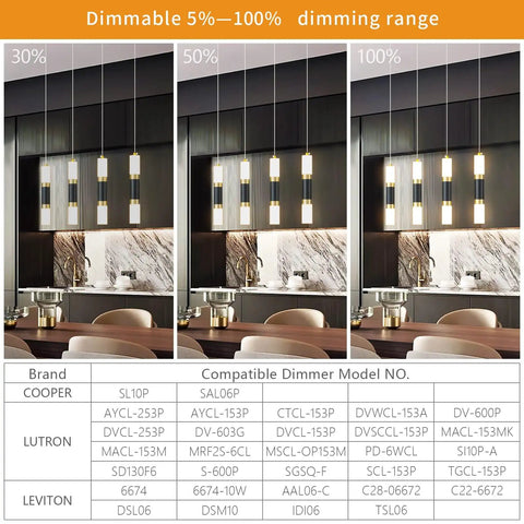Four Light Modern Pendant Light For Kitchen Island With Dimmable LED Black And Gold Finish in dining room, dimming range shown