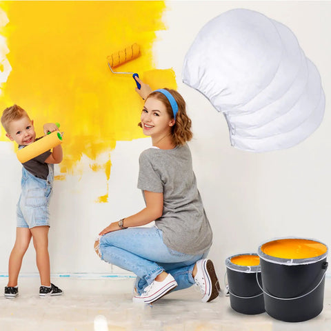 Mother and child painting wall, 10 Pack 5 Gallon Paint Strainer Bags With Elastic Drawstring Fine Mesh Filters For Paint Buckets visible