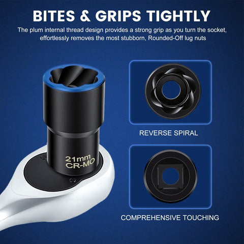 Close-up of 21mm socket from 5 Piece Lug Nut Extractor Set With Half Inch Drive For Stripped Nuts And Bolts Includes 17Mm 19Mm 21Mm 22Mm Sockets And Center Punch Bar Impact Twist Socket Kit For Wheel Lock Removal No Nonsense Tool Kit