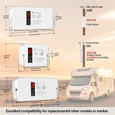 RV Dual CO And Propane Alarm Hardwired 12V DC Detector With Three Brackets for motorhomes with installation instructions.