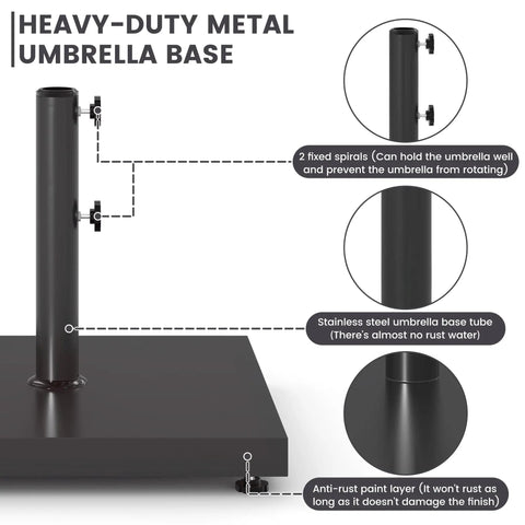 Outdoor Umbrella Base 42Lbs With Stainless Steel Tube, showing details of corrosion-resistant black powder coating and anti-rust features.