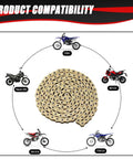 Gold 132 Link Motorcycle Chain With Breaker Tool For 50cc To 150cc Dirt Bikes ATVs Quad Go Kart Heavy Duty 428 Chain with compatibility chart.