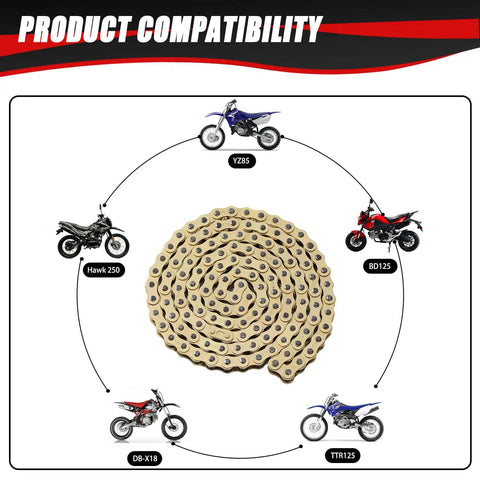 Gold 132 Link Motorcycle Chain With Breaker Tool For 50cc To 150cc Dirt Bikes ATVs Quad Go Kart Heavy Duty 428 Chain with compatibility chart.