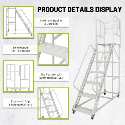 Pro Grade Seven Step Rolling Ladder With Full Handrails, Heavy Duty Steel Platform Cart For Garage Or Warehouse, Ironclad Workhorse Built Tough To Handle Fifteen Hundred Pounds Daily
