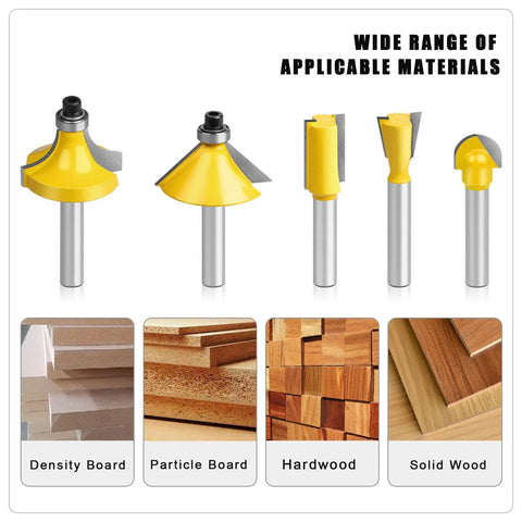 15 Piece One Quarter Inch Shank Tungsten Carbide Router Bit Set For Woodworking Pros And DIYers, materials density board to solid wood