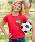 Child in red shirt holding soccer ball with 400 Soccer Name Tag Stickers Set In Green And Black With 4 Designs Adhesive Label