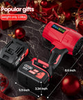 Kickin Power Cordless Leaf Blower With 560 CFM Ultra Lightweight Handheld Blower For Lawn And Patio displayed with battery pack and charger, surrounded by festive red ribbon and ornaments, measured dimensions.