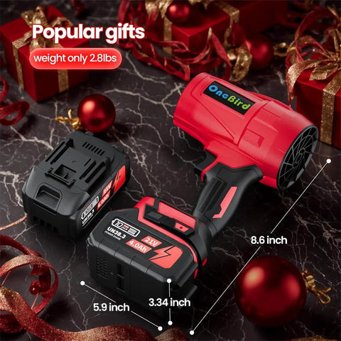 Kickin Power Cordless Leaf Blower With 560 CFM Ultra Lightweight Handheld Blower For Lawn And Patio displayed with battery pack and charger, surrounded by festive red ribbon and ornaments, measured dimensions.