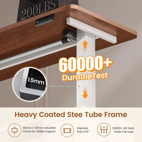 L Shaped Electric Standing Desk With Four Wood Drawers Farmhouse Executive Workstation Height Adjustable Sit Stand Table features a heavy coated steel tube frame.