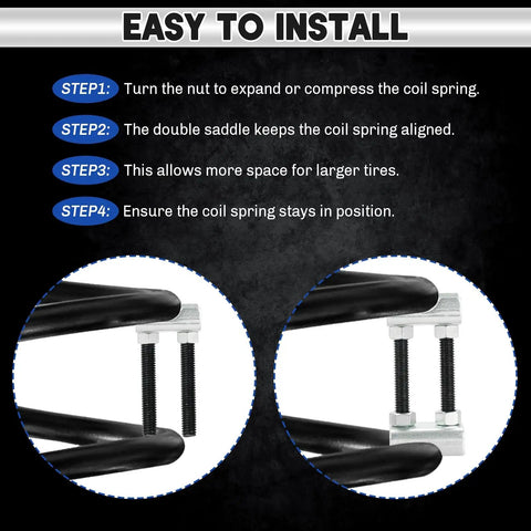 Heavy Duty 4 Pack Coil Spring Spacers With Two Way Adjustable Setup To Custom Lift Or Lower Your Truck Stance Using Built Tough Rust Free Carbon Steel for easy install steps.