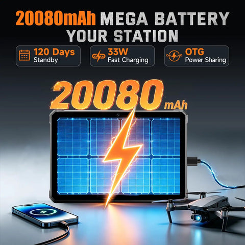 Built Like A Tank 5G Rugged Tablet With Android 16 And Massive 20080Mah Battery featuring a vibrant display of a large battery graphic.