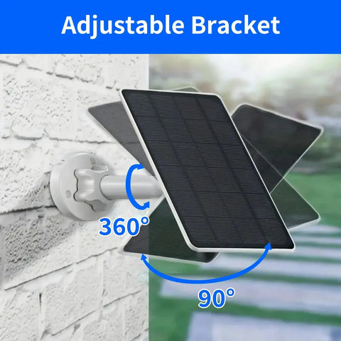 Solar Panel Charger For Essential 2K Outdoor 2nd Gen Essential XL Camera 2nd Gen And Essential Spotlight Camera With USB C And Micro USB Plug 9.8ft Weatherproof Cable Outdoor Security Camera showing adjustable bracket and rotation angles