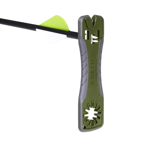 3 In 1 Broadhead Wrench And Sharpener For Archery in gray and olive with arrow, multipurpose tool for tightening and sharpening.