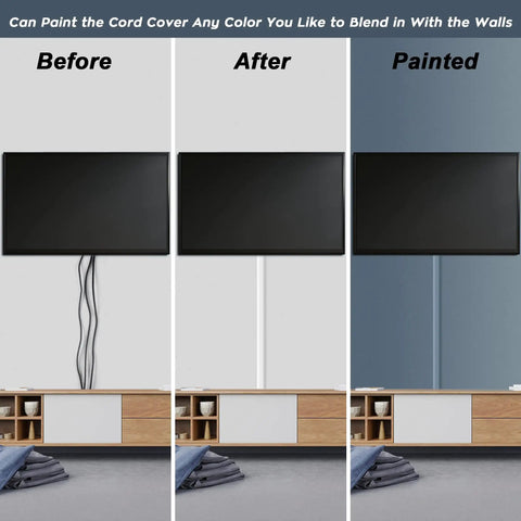 62.8 Inch White Cable Cover Wall Kit For TV Cables Hide Wires Paintable Cord Concealer Channel Wall Mounted Cord Hider shown unpainted and painted