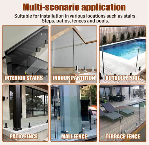 Image showcasing Rock Solid 304 Stainless Steel Glass Spigot Clamps Side Mount Brackets for various applications like stairs and pools.