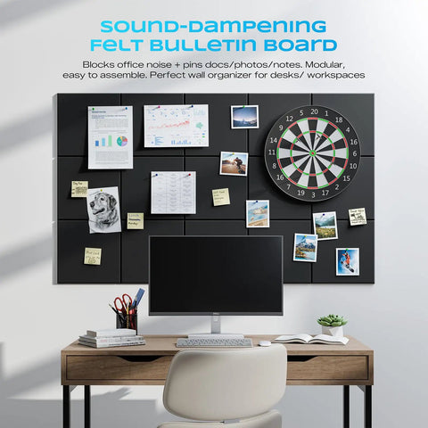 Straight Up Heavy Density Peel And Stick Soundproof Wall Panels 12 Inch Square Acoustic Foam Tiles Killing Background Noise For Home Office Studio Recording Sleek Black Finish on a felt bulletin board with notes and images.