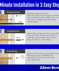 Image showing installation steps for 12 Pack Brass Door Hinge Repair Kit For Stripped Screws with drill bit, screw insertion, and finishing.