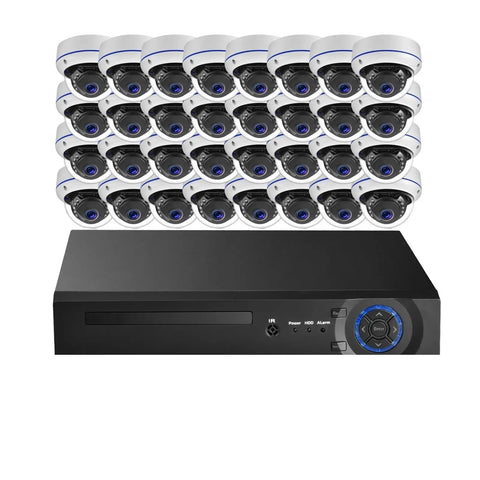 Top Tier 32 Channel 4K NVR Records Up To 8 Megapixel Resolution Across All Ports with 32 indoor cameras displayed.