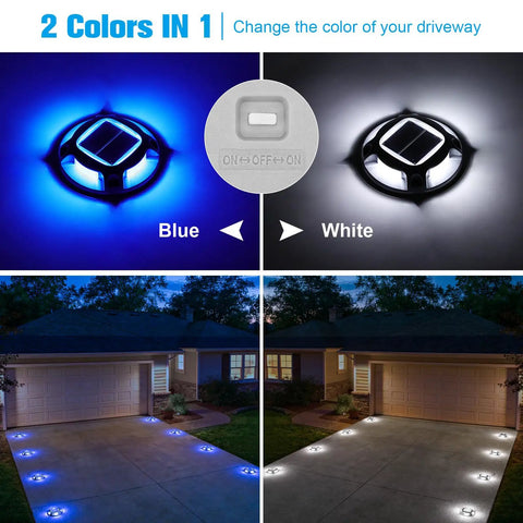 8 Pack Solar Dock Lights White Blue Two Color Switchable lighting a driveway at night, showing blue and white illumination options.
