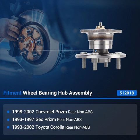 Rear Wheel Bearing And Hub Assembly For Toyota Corolla 1993 To 2002 Geo Prizm 1993 To 1997 And Chevy Prizm 1998 To 2002 Four Lug Non ABS