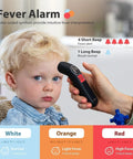 No Contact Forehead Thermometer For Adults And Kids With Color Coded Alerts And Silent Mode, black handheld unit measuring a child’s forehead