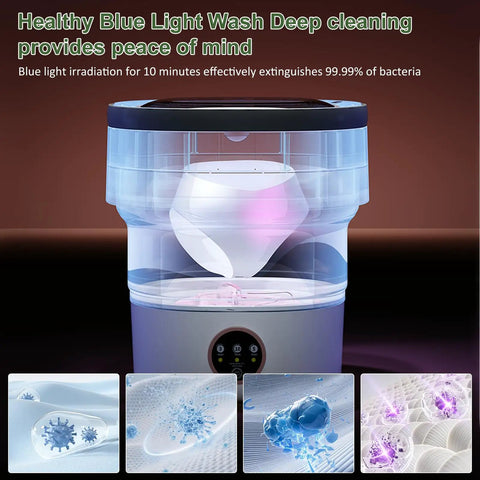 Super Compact Portable Washer With 20L Foldable Tub And Snappy Spin Cycle Ready For College Dorms Road Trips And Tiny Spaces Cleans Delicates And Kids Gear Without A Hassle showcased with blue light technology.