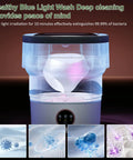 No Sweat Portable Washing Machine With Spin Basket, Super Slick Foldable Washer Featuring Three Deep Clean Modes, Quick Setup Mini Laundry Rig For Travel And Dorm Life, Perfect For Delicate Baby Clothes And Socks Gray with blue light cleaning feature.