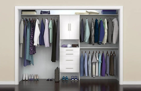 Modern 25 Inch White Closet Organizer Tower Kit With Four Roomy Drawers Double Door Storage Expandable Clothing Rods And Three Heavy Duty Shelves For Quick Setup Hassle Free Home Organization