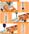 Door Hinge Jig Router Template For Universal One Quarter Inch And Five Eighth Inch Radius Hinges Aluminum Alloy Hinge Mortiser Fits Doors From Two And A Half To Five Inches Square Corner Plug And Play Ready DIY Hinge Cut And Install Tool shown with router, drill, and screwdriver for hinge installation.