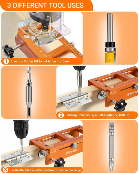 Door Hinge Jig Router Template For Universal One Quarter Inch And Five Eighth Inch Radius Hinges Aluminum Alloy Hinge Mortiser Fits Doors From Two And A Half To Five Inches Square Corner Plug And Play Ready DIY Hinge Cut And Install Tool shown with router, drill, and screwdriver for hinge installation.