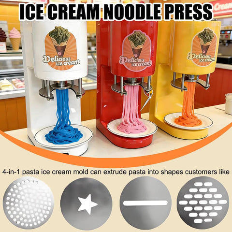 Cool Dessert Machine And Noodle Maker With 4 Stainless Steel Molds, 420Ml Hopper, 28 To 30 Liters Per Hour Capacity, in colorful display.