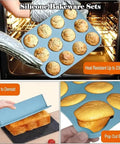 All In One Silicone Baking Set 7 In 1 For Ovens With Brush And Spatula And Round Square And Loaf Pan Molds In Blue Nonstick Safe Dishwasher Friendly Cakes Muffins Pies And More, showing muffin tray with baked goods
