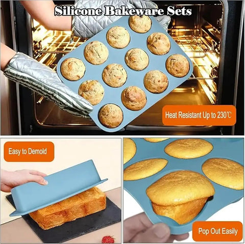 All In One Silicone Baking Set 7 In 1 For Ovens With Brush And Spatula And Round Square And Loaf Pan Molds In Blue Nonstick Safe Dishwasher Friendly Cakes Muffins Pies And More, showing muffin tray with baked goods