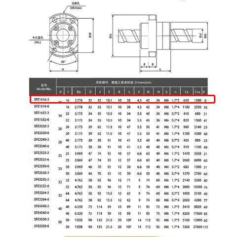 Technical diagram and dimensions for Left Hand Thread Ball Screw With Nut SFE1616 16mm Diameter 16mm Pitch End Machined