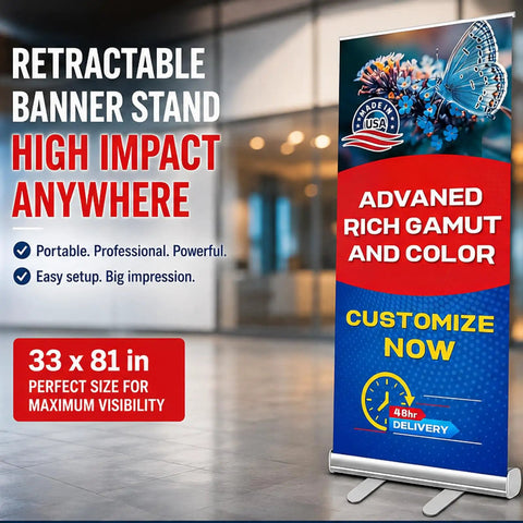 Custom Retractable Banner with Aluminum Stand, Personalized Pop Up Banner Display, Full Color Design, 33x81 inches setup