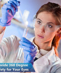 Woman wearing Bulk Pack Of 96 Pairs Clear Safety Glasses With Six Color Frames in lab setting