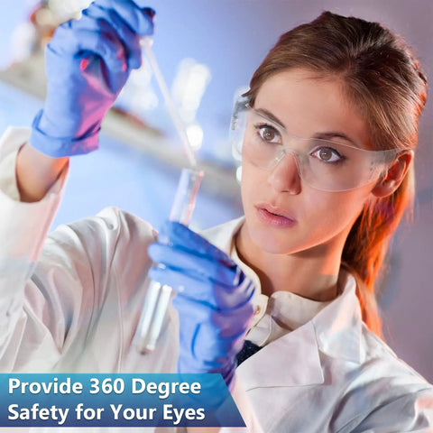 Woman wearing Bulk Pack Of 96 Pairs Clear Safety Glasses With Six Color Frames in lab setting
