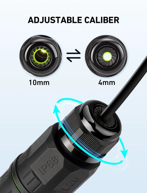 Close-up of IP68 3 Pack Outdoor Junction Box Kit With 3 Pin Connectors, showing adjustable wire inlets from 4mm to 10mm.