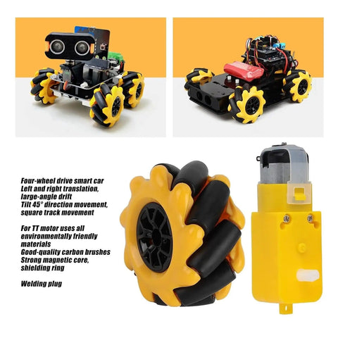 48mm Mecanum Wheel Set With TT Motors For Smooth Omnidirectional Robot Movement, Rubber Coated Wheels, 3V to 12V Compatibility