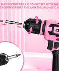 12V Cordless Drill Kit With Pink Design And LED Light 800 RPM Power Drill Set with multi tool gift box shown in detail with screwdriver bit attachment