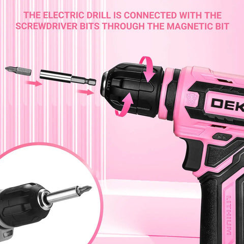 12V Cordless Drill Kit With Pink Design And LED Light 800 RPM Power Drill Set with multi tool gift box shown in detail with screwdriver bit attachment