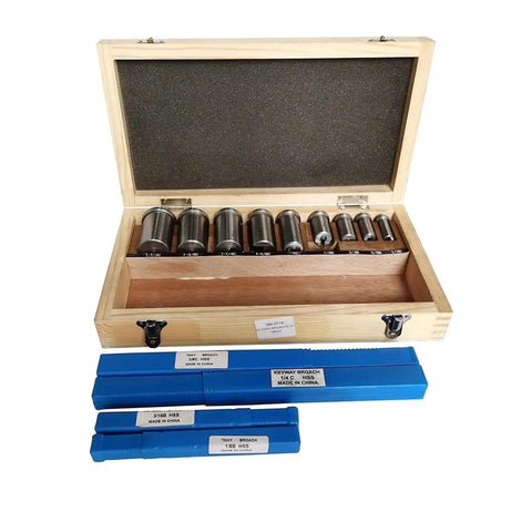Wooden case of 18 Piece CNC Keyway Broach Set With Bushing Shim Kit For Half To One And A Half Inch Sizes High Speed Steel Cutting Tools