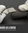 Gloved hands holding black fiberglass repair tape kit for quick curing DIY fix it jobs on PVC pipes, wood handles, and more.