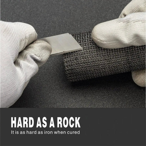 Gloved hands holding black fiberglass repair tape kit for quick curing DIY fix it jobs on PVC pipes, wood handles, and more.