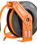 Kickass Retractable Air Hose Reel Auto Rewind 1/2 In X 50 Ft Hybrid Polymer Air Hose Max 300 Psi showing orange hose and reel mount.
